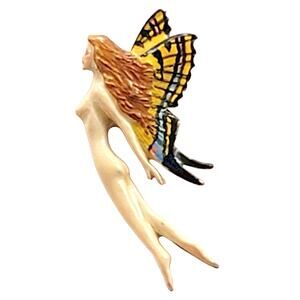 Flying Nymph Butterfly Wing Figural Mythology Fantasy Art Painted Pewter Pin VTG